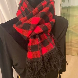 Black and red check scarf with black fringe